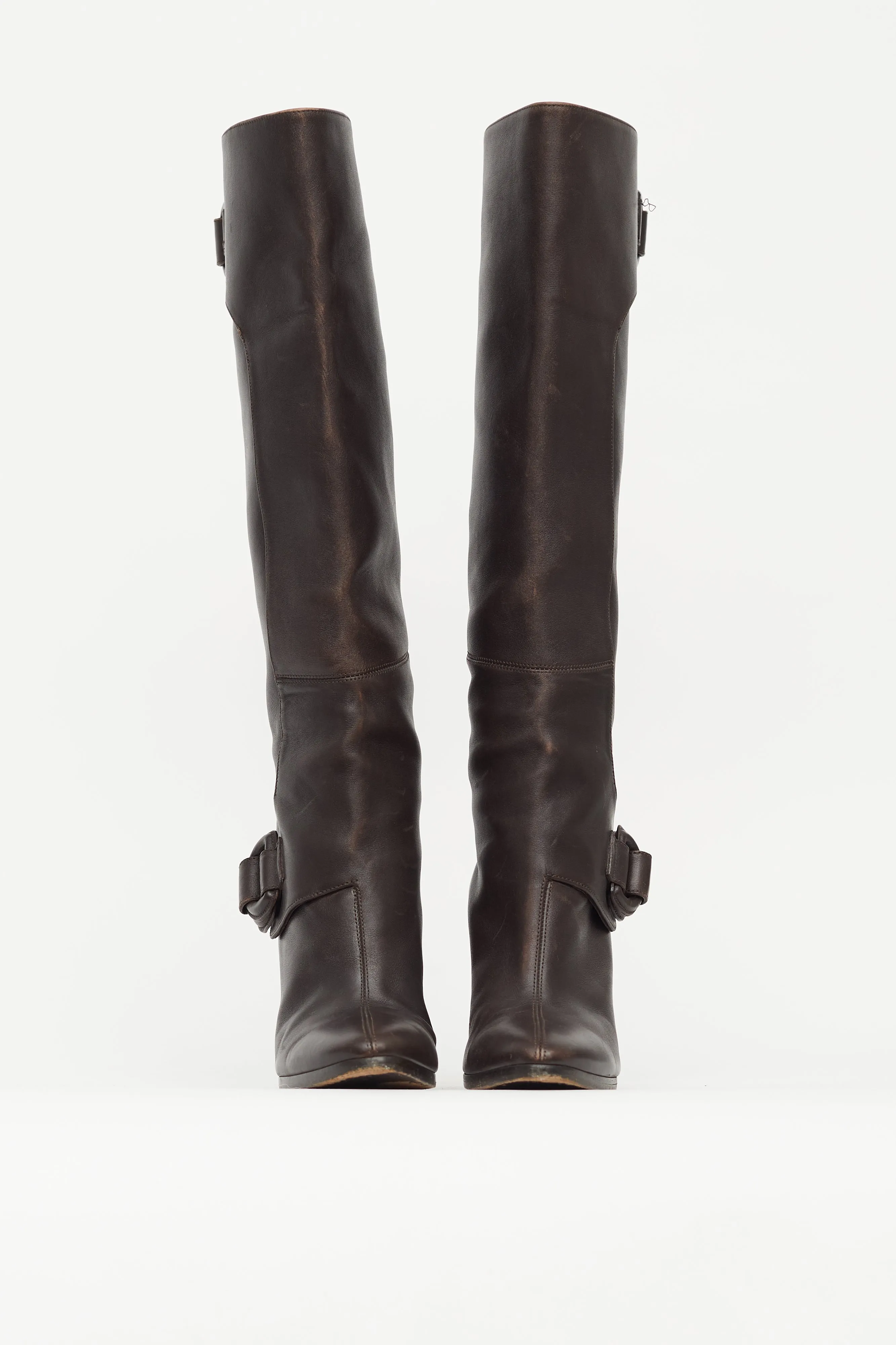 Brown Leather Knee High Wedge Boot