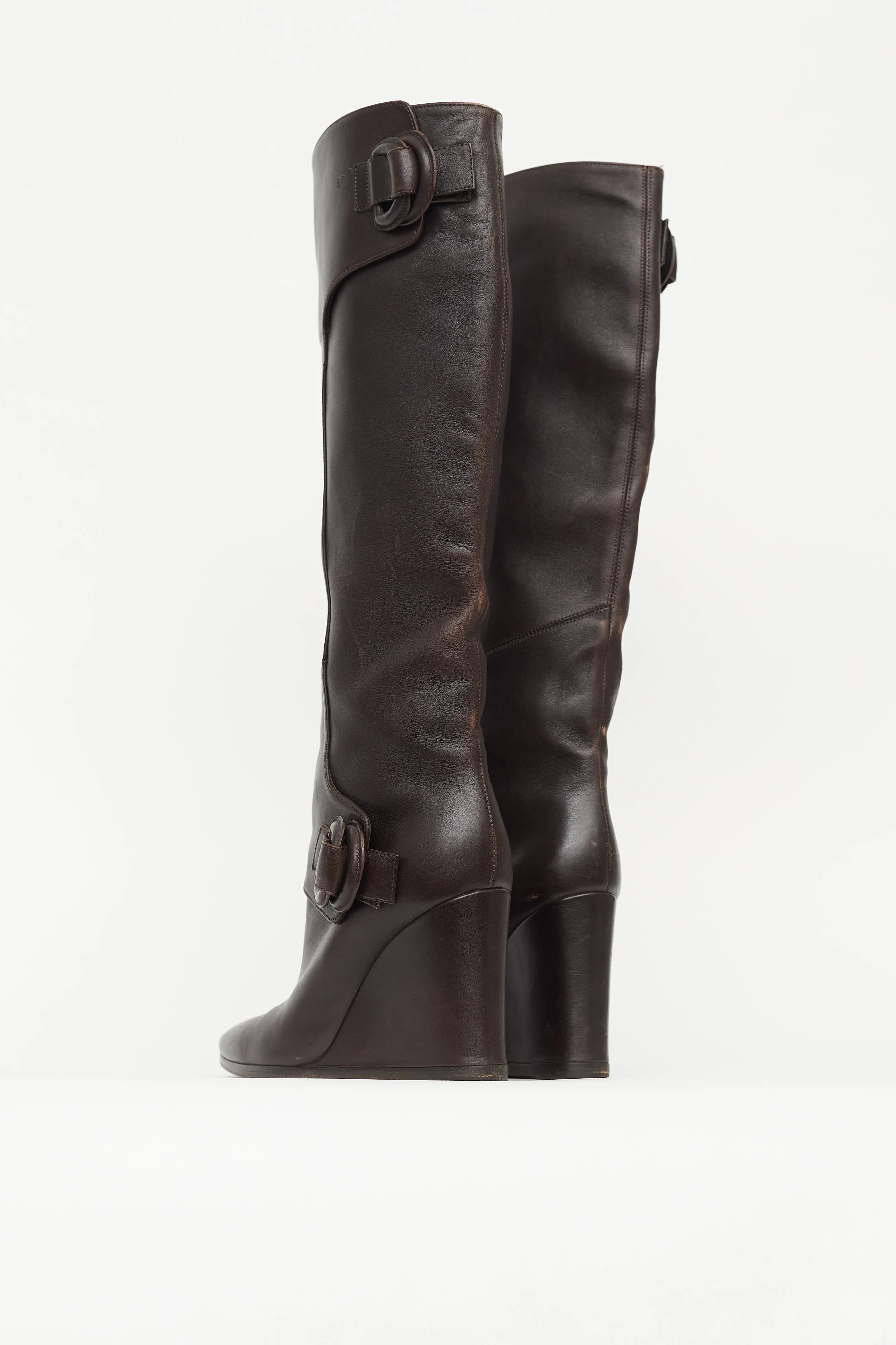 Brown Leather Knee High Wedge Boot