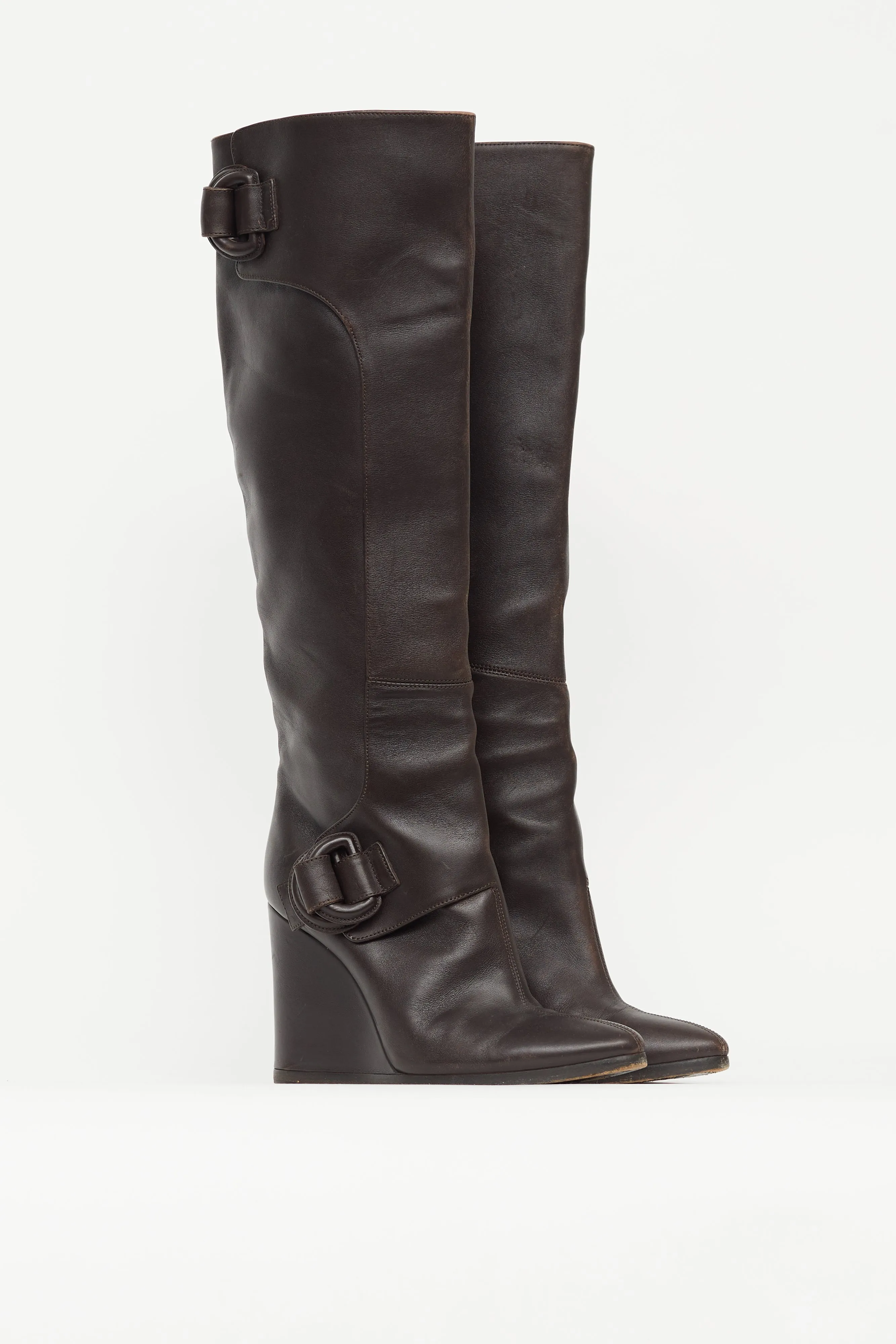 Brown Leather Knee High Wedge Boot