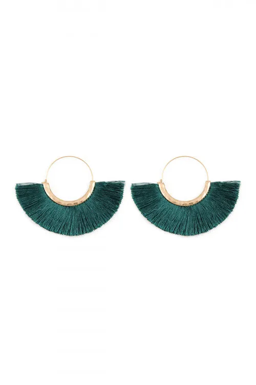 Green Teal Fan Tassel Hoop Earrings